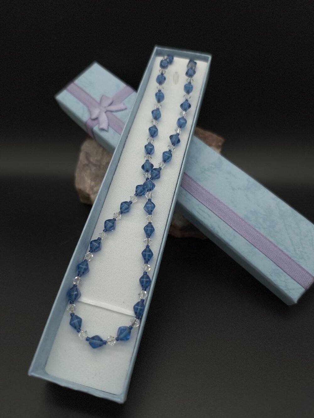 Vintage Exquisite Blue & Clear Faceted Glass Bead Sterling Silver Clasp Necklace